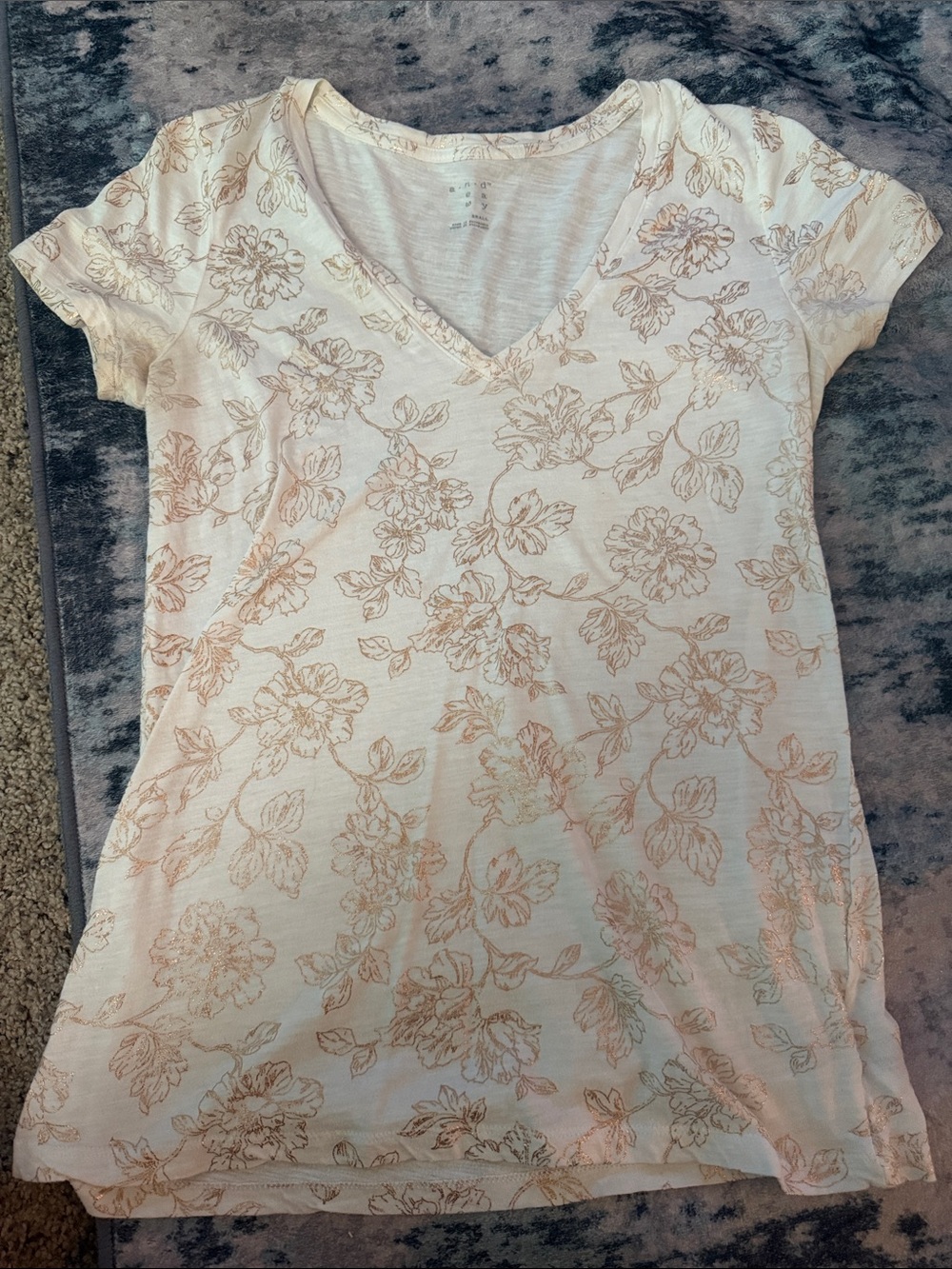 a new day Cream V-Neck Short Sleeve Tee with Light Brown Floral Print